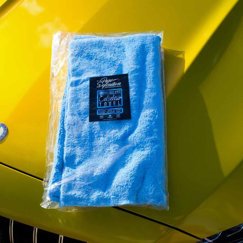blue edgeless drying towel in pure definition retail packaging